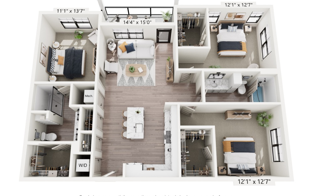 3A - 3 bedroom floorplan layout with 2 bathrooms and 1397 square feet